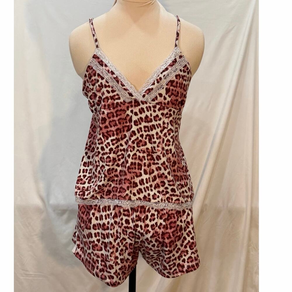 Badgley Mischka Leopard Print Lace Trim Cami Shorts Pajama Lounge Set Medium